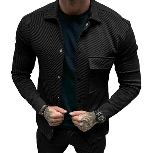Men's black twill texture long sleeve jacket with lapel collar and chest pocket