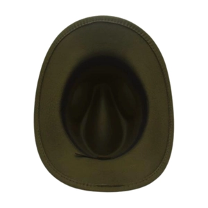 Dettaglio delle cuciture interne e della texture in feltro di un cappello da cowboy oliva