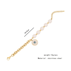 Detailed view of evil eye pearl bracelet with size measurements and stainless steel info