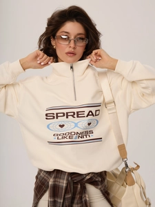 Sweat-shirt crème avec demi-zip, imprimé graphique rétro et coupe décontractée tendance
