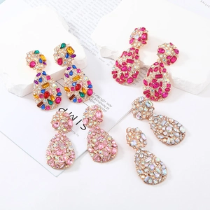 Set of four bohemian oversized teardrop earrings with crystal rhinestones in multiple colors