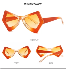 Detailed multi-angle views of geometric butterfly sunglasses in orange and yellow gradient