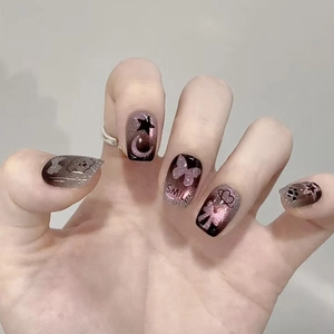 Cat Eye Press On Nails Gradient Grey Black Pink Star Moon Puppy Sweet Cool Style Artificial False Fingernails