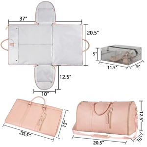 Multi-angle view of pink PU travel bag showing unfolded garment sleeve and dimensions