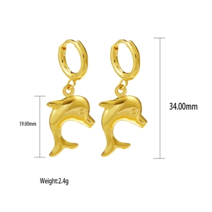 Detail showing 34mm gold dolphin hoop earrings dimensions and weight on white background