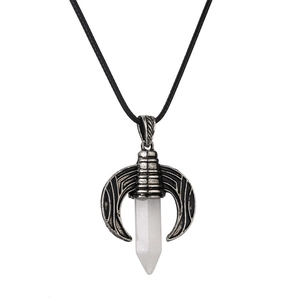 Retro horn crescent necklace with white hexagonal crystal pillar on black braided cord