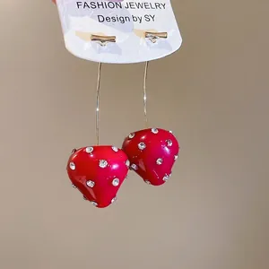 Elegant strawberry drop earrings with red resin and sparkling crystal studs for women