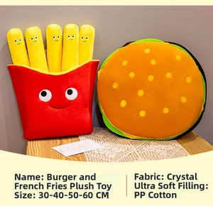 Macro shot of hamburger and french fries plush toys on a wooden table with lace decor