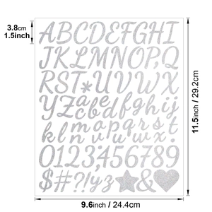 Detailed view of 1.5-inch silver glitter alphabet and number stickers with dimensions