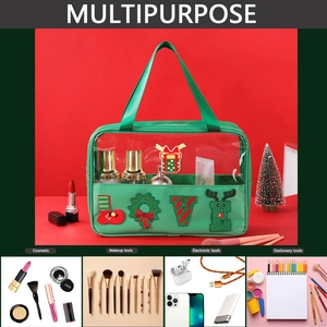 Detailed grid showing green Christmas LOVE chenille patch bag used for various storage needs