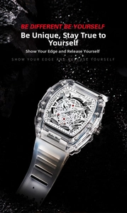 Detailed view of tonneau-shaped transparent watch with skeleton dial and metal gears