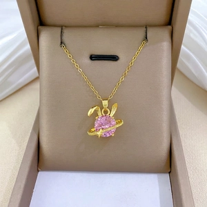 Pink Round Zircon Rabbit Ears Planet Pendant Necklace Gold Plated Stainless Steel Chain For Women Elegant Sweet Jewelry