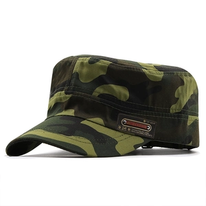 Classic camouflage flat top military cap with leather patch on a clean white background