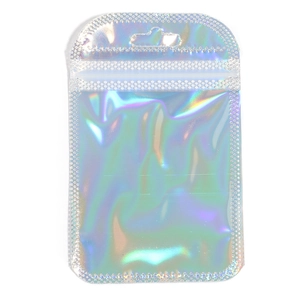 Macro detail of holographic iridescent resealable bag showing colorful metallic reflection