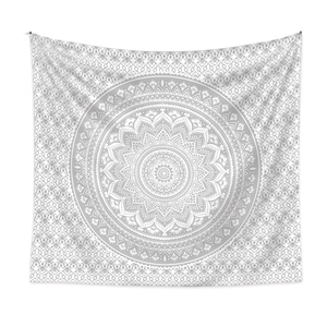 Bohemian mandala wall tapestry in white and gray, symmetrical geometric room decor