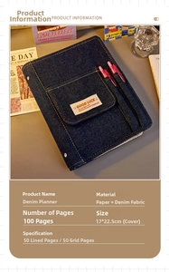 Detail view of A5 vintage denim notebook featuring GOOD LUCK woven label and pen holder