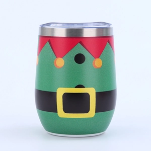 Detail of 12oz insulated egg cup with festive green Christmas elf costume design and lid