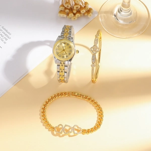 Coffret montre quartz femme dorée avec jonc fleur et bracelet cœurs étincelants