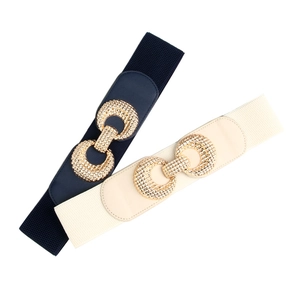 Elastic wide waist belt in navy and beige with golden decorative metal buckle