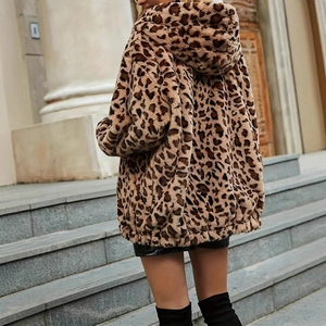 Detailed back view of a warm leopard print faux fur hoodie with plush texture and elastic hem