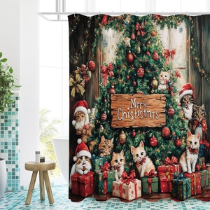 Christmas shower curtain featuring festive cats and a decorated tree in a modern bathroom