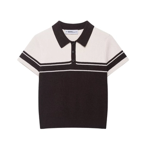 Women Knit Polo Top Ribbed Striped Color Block Short Sleeve American Retro Street Style Lightweight Soft Polyester