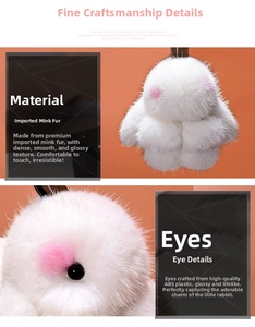 Close-up of white mink fur rabbit pendant featuring smooth ABS eyes and soft texture