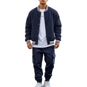 Men's navy blue baseball jacket and cargo pants tracksuit set with white striped cuffs