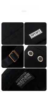 Detail of 100% cotton fabric, silver metal sport logo and adjustable brass buckle