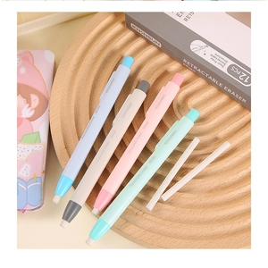 Detail of retractable pen-style erasers in Morandi colors with white refills shown