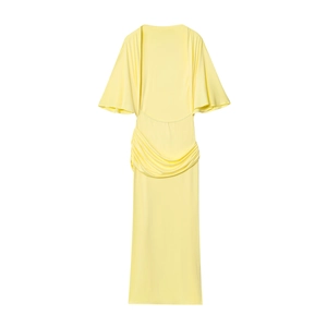 Women Maxi Dress Solid Color Ruched Waist Flare Half Sleeve Round Neck Backless Polyester Crepe Elegant Long Dress