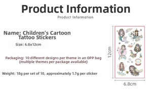 Detail showing mermaid and unicorn cartoon tattoo stickers with 6.8x12cm size dimensions