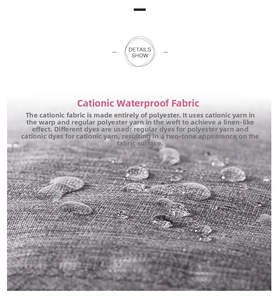 Dettaglio macro del tessuto cationico impermeabile con gocce d'acqua e trama