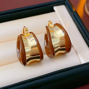 Vue macro de créoles dorées en résine marron dans un coffret à bijoux haut de gamme