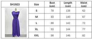 Detailed size chart for the off-shoulder waist-cinched sleeveless purple pleated dress