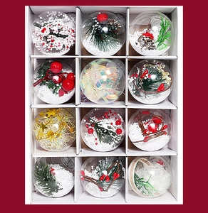 Set of 12 transparent Christmas balls with festive fillers in a white gift box tray
