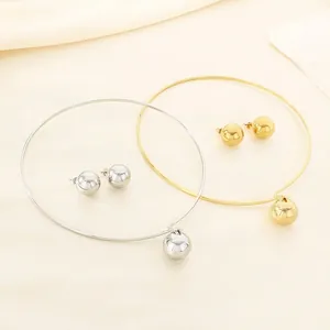Minimalist Stainless Steel Jewelry Women Large Ball Pendant Open Torque Necklace And Matching Ball Stud Earrings Fashion
