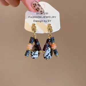 Ethnic S925 silver needle drop earrings with natural stone beads and gold tassels