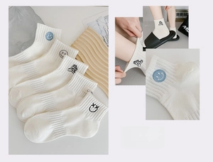 Detail view of white cotton ankle socks featuring cute cartoon embroidery and ribbed cuffs