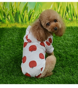 Detail of breathable dog sun protection hoodie with red apple print for small pets