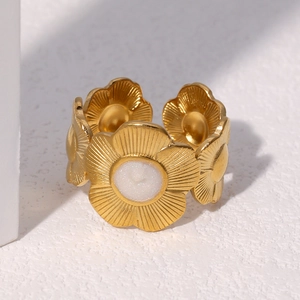 Bague marguerite en acier inoxydable plaqué or 18 carats avec centres blancs