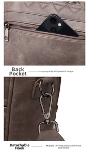 Detail view of back zipper pocket for phone and detachable metal hooks for multiple ways to wear