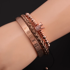 Rose gold men's 3-piece bracelet set featuring Roman numerals, braid, and crown charms