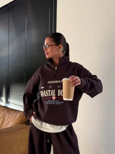 Ensemble sweat à demi-zip marron et pantalon de jogging à taille haute pour femmes
