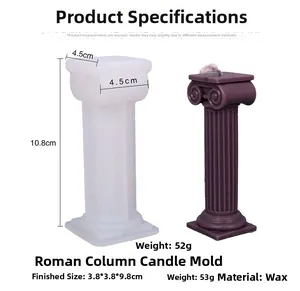 Detailed size parameters for Roman column silicone candle mold and finished wax product