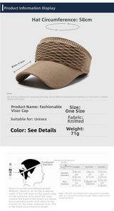 Detailed size chart for the breathable knitted sun visor showing brim and circumference