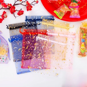 Star and moon gold foil drawstring mesh bags for jewelry and holiday candy gifts