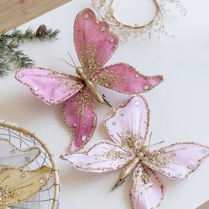 Elegant Fabric Butterfly Ornaments Sparkling Glitter Rhinestone Christmas Tree Decorations Holiday Party Wedding With Metal Clips