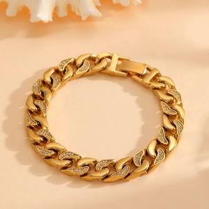 Gold-plated Cuban link bracelet with sparkling rhinestones and a secure folding clasp