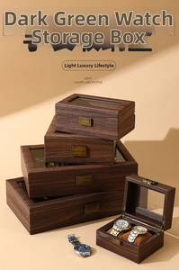 Walnut wood grain watch boxes in various sizes with glass lids and bronze clasps
